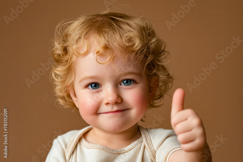 A toddler with curly hair giving the thumbs up.