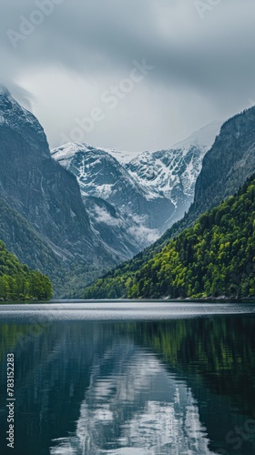 A majestic body of water sits nestled in a valley  surrounded by towering mountains. The calm water reflects the rugged peaks  creating a stunning natural landscape.
