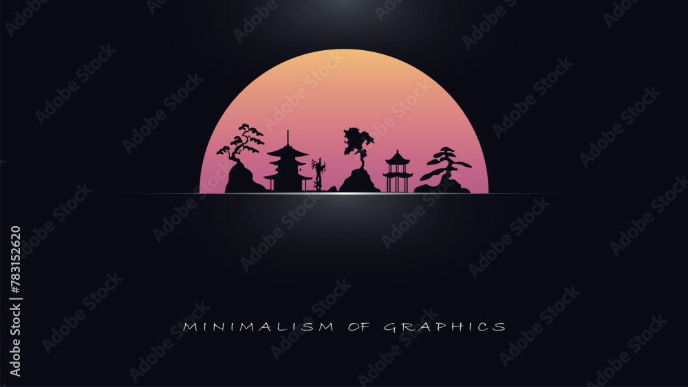 Modern vector illustration in oriental style. Landscape on the background of sunset. Web cover.