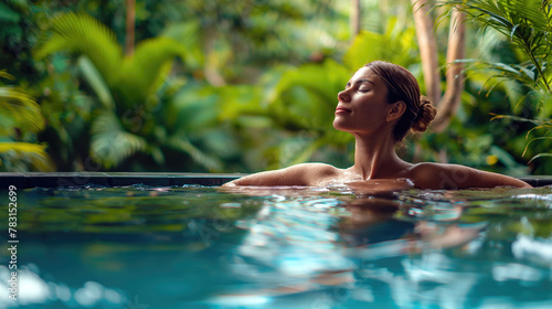 Indulge in Paradise, A Pretty Woman Relaxing in the Pool, Spa Surrounded by Lush Greenery, Generative AI