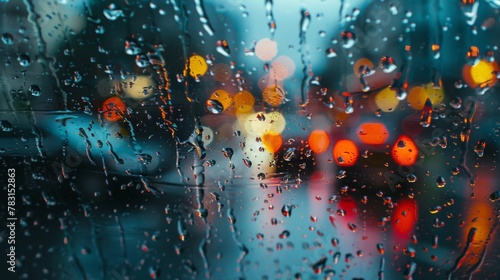 A blurry image of raindrops on a window. The raindrops are scattered and overlapping, creating a sense of movement and chaos. Scene is somewhat melancholic and introspective photo