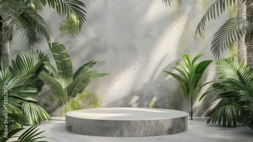 An empty podium with a background of tropical plants and palm trees, a platform for product demonstrations. A stage showcase.