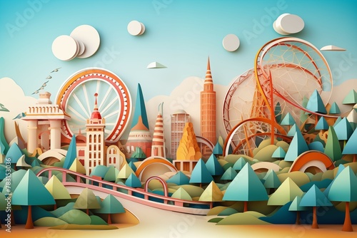 Roller coaster in a colorful theme park, paper cut out effect