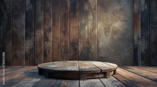 An empty wooden round podium, against the background of an old wall. A platform for product demonstrations. A stage showcase.