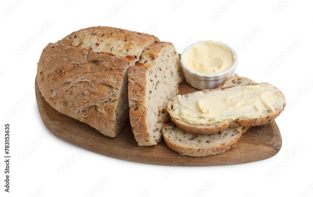 Tasty bread with butter on white background