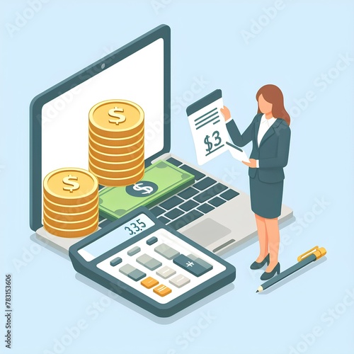 simple isometric design, businesswoman counting cost with laptop and money photo