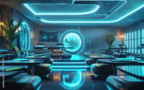 A futuristic classroom with holographic desks and AI tutors, offering an immersive learning experience photo