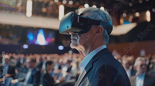 VR experience senior business manager man attend meeting wearing virtual goggle glasses standing in autitorium convention hall with crowd of business people background photo