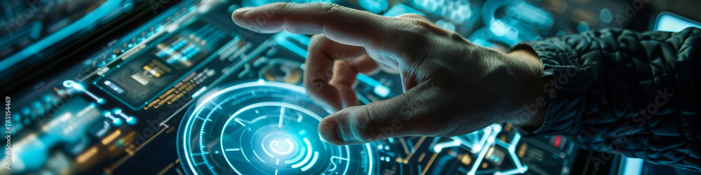 A macro shot of an operator interfacing with a holographic dashboard to manage factory operations, highlighting smart manufacturing technologies A macro shot of an operator interfacing with a holographic dashboard to manage factory operations, highlighting smart manufacturing technologies