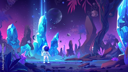 The background of the game level map has a tiny astronaut and platforms with stages. The surface of an alien planet has a cute astronaut and a modern cartoon illustration ready for animation.