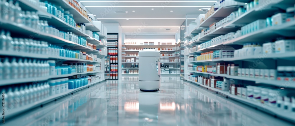 A pharmacy dispensing medication through an automated system, representing efficiency in pharmaceutical services A pharmacy dispensing medication through an automated system, representing efficiency in pharmaceutical services