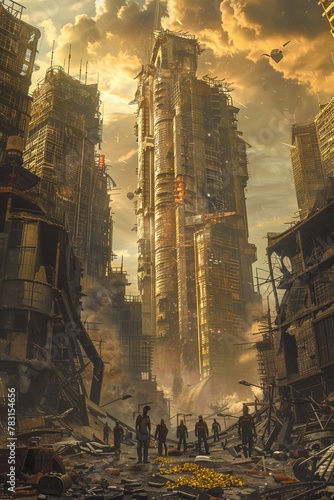 A post-apocalyptic world where gold is used as the main currency  showing survivors trading gold for goods in a ruined cityscape