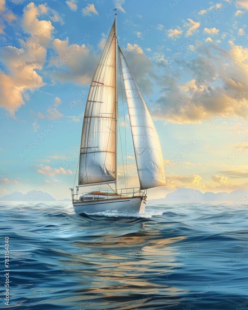A serene depiction of a sailboat funded by diversified financial assets, sailing into the horizon of retirement
