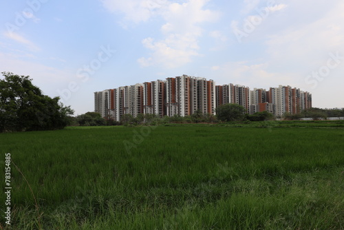 Photography Construction of building on fertile agriculture land in the suburb of Hyderabad city in Telangana of India