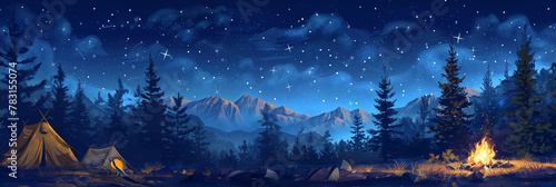A summer camp scene with tents, campfire, and starry sky, offering an adventurous and rustic background for outdoor themes photo