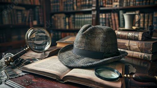 A vintage study room with Sherlock Holmes' iconic deerstalker hat resting on an open casebook, next to a magnifying glass photo
