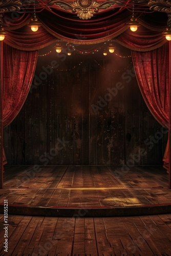A vaudeville stage with vintage props and footlights, evoking nostalgia for a classic entertainment banner background