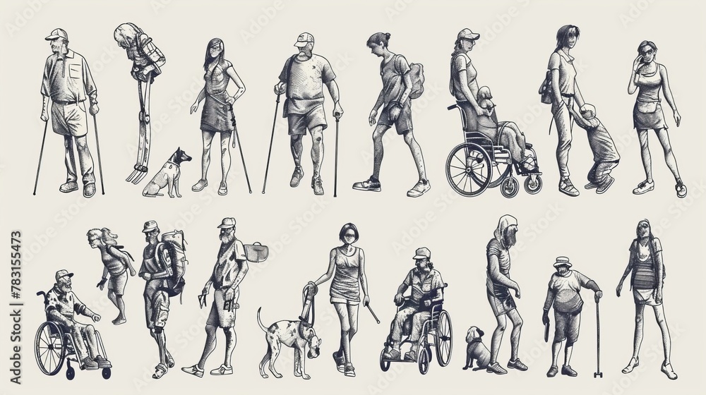 People with different disabilities. Prosthetic legs, arms, crutches, wheelchair users, blind characters with guide dogs, elderly people, black and white modern sketch illustration.