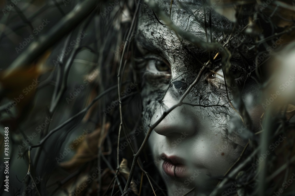 An ethereal spirit entangled in dark vines emerges, evoking eerie autumn tales