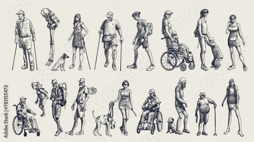 People with different disabilities. Prosthetic legs, arms, crutches, wheelchair users, blind characters with guide dogs, elderly people, black and white modern sketch illustration. photo