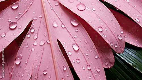 droplets pink palm leaves