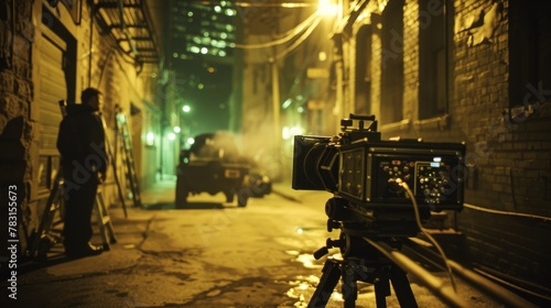 Behind the scenes, cinematic tools ready to roll in an electric alley