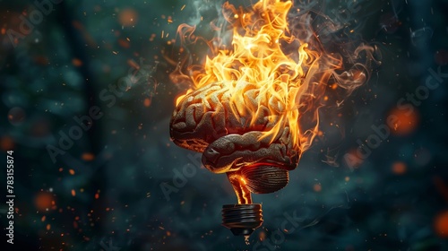 Concept of an ignited mind, a brain blazing with ideas and innovation