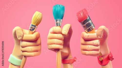 Painting hand with crossed fingers, pointing, heart sign, and symbol of chat message, showing gestures of thumbs down, victory, and wish. 3D render. Illustration of an artist holding paint brushes.