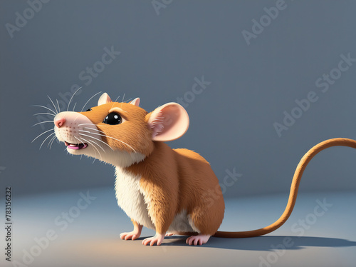 A cartoon mouse standing on its hind legs, looking up at the camera with its front paws together and its ears perked up.