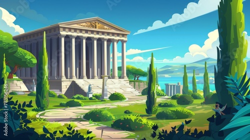 An ancient Greek or Roman temple building with columns and pediments, in the summer. Modern cartoon illustration with pillars and roads through the lake, showing a summer landscape with an antique
