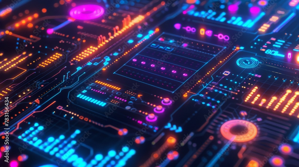 Neon-lit interface of advanced analytics, symbolizing high-tech data processing