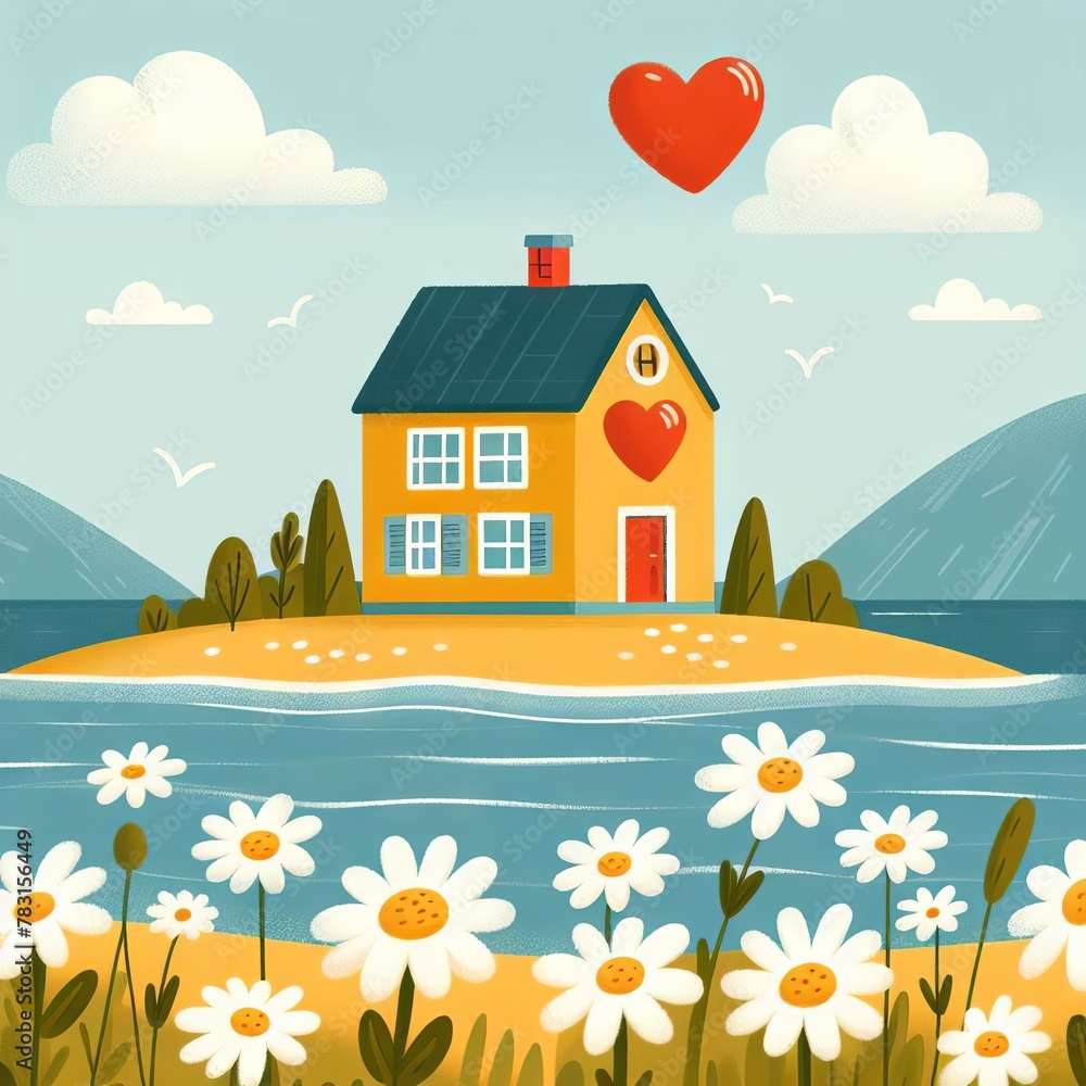 Cute cartoon yellow house with a red heart on island. Comfort Chamomile. Baby flat illustration