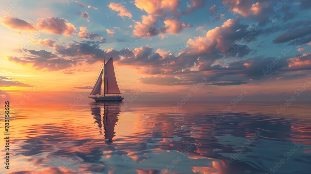Serene dawn at sea, a single yacht with billowing sails reflects on calm waters - obrazy, fototapety, plakaty 
