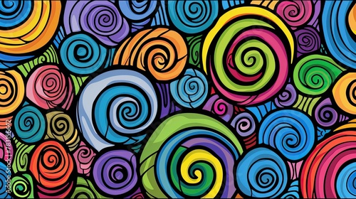 A coloring book page showing a page filled with interwoven spirals in a detailed sketch style Format Vibrant Bright Colors