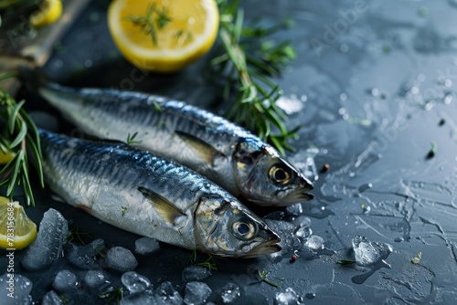 Fresh mackerel fish on dark slate with ice, herbs, and lemon slices. Fresh Mackerel Fish with Herbs and Lemon