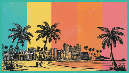 The spectrum rainbow color a monochrome sketch depicts a city beach with buildings and coconut trees a perfect design