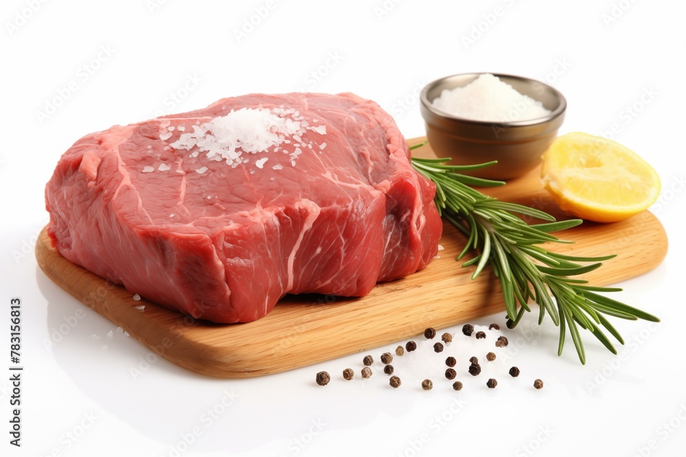 Raw beef steak on cutting board with salt and pepper, cooking gourmet preparation chop barbecue Raw beef steak on cutting board with salt and pepper, cooking gourmet preparation chop barbecue