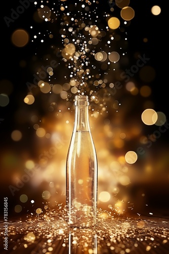 Sparkling, bottle of champagne with sparkling bubbles on table with bokeh effect, decoration yellow glass illuminated drop