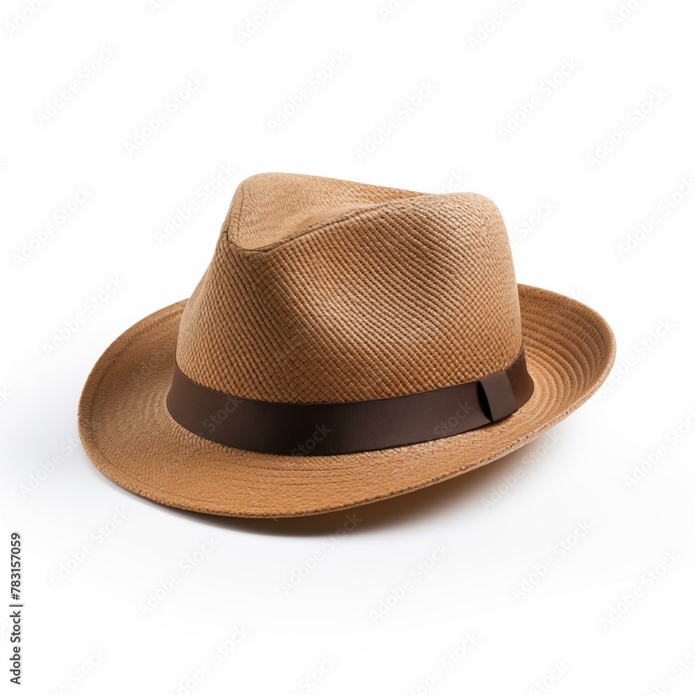 Fedora hat, tan hat on white background, garment textile panama straw shade