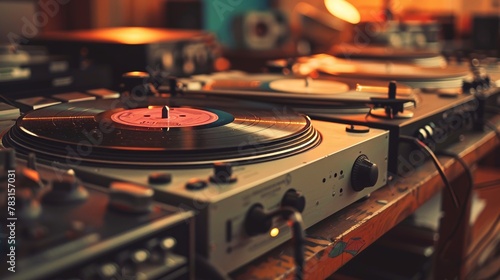 Vintage music studio with colorful turntables and tapes, soft-focus background photo