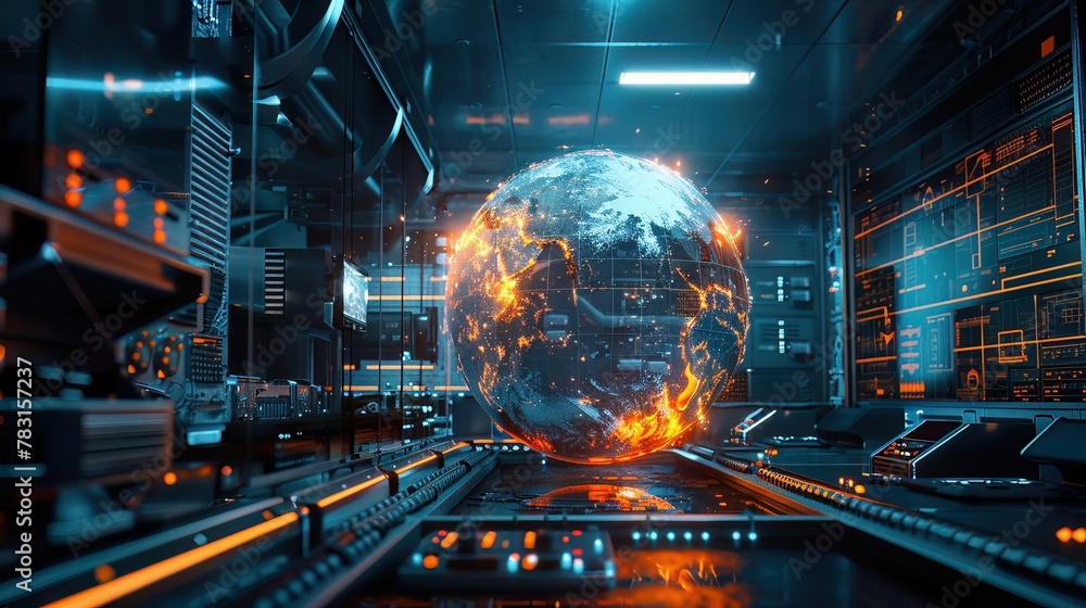A holographic Earth in a scifi lab, with dynamic fire lines wrapping the globe, casting an eerie glow on the surrounding technology