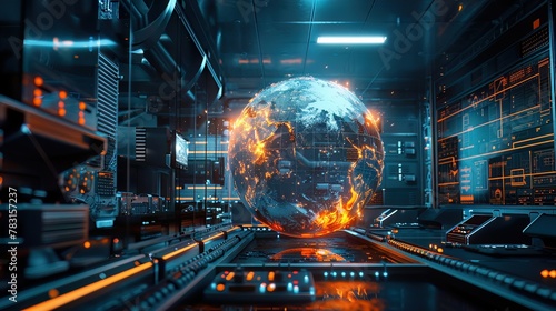 A holographic Earth in a scifi lab, with dynamic fire lines wrapping the globe, casting an eerie glow on the surrounding technology photo