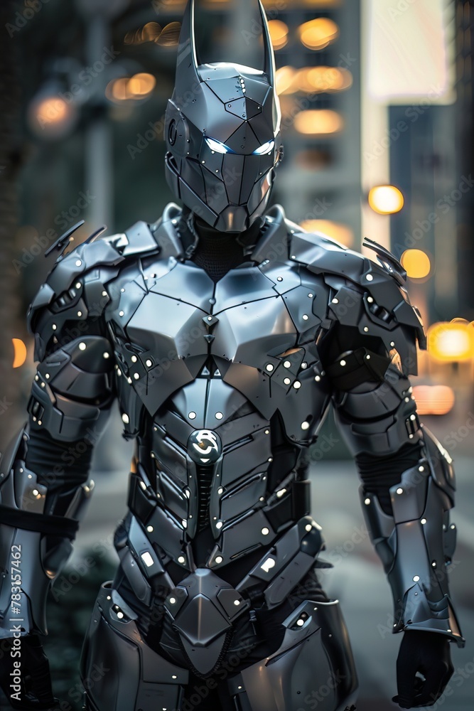 Hightech knight in urban twilight, sleek armor reflecting citys pulse, silent and watchful