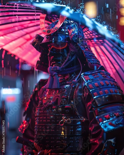 Neon Samurai vigil in Tokyo rain, redblue hues illuminate armor, future meets past