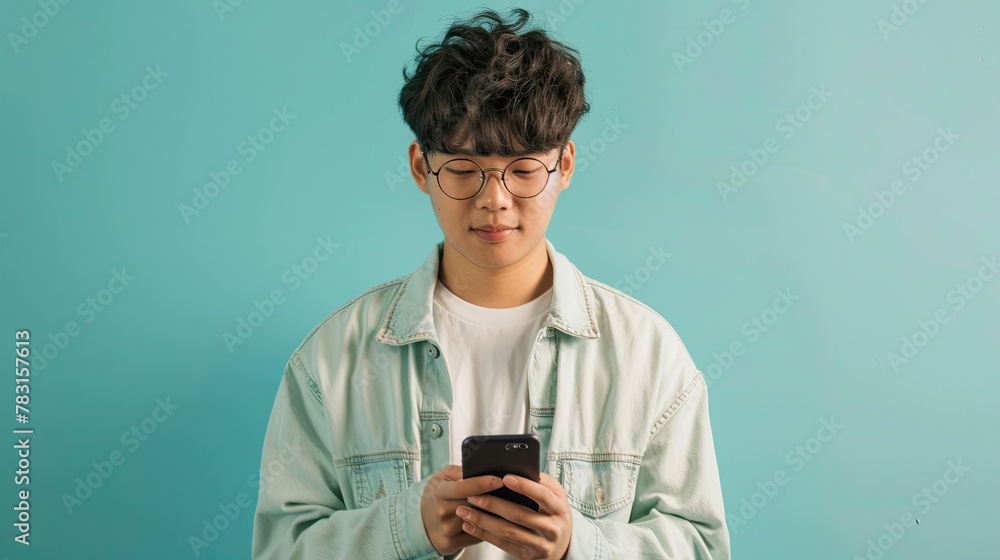 Fototapeta premium Young Asian man using smartphone on pastel blue background