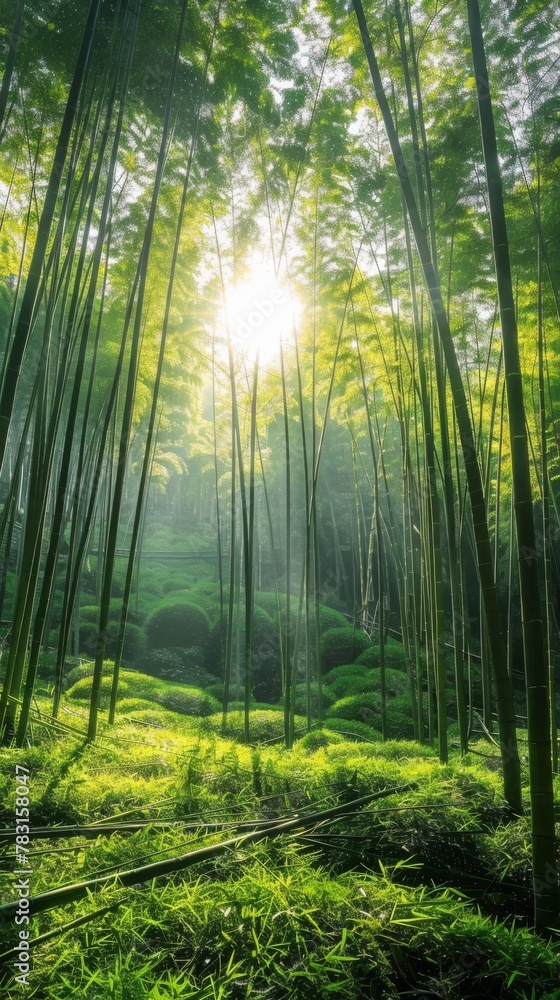 Fototapeta premium The suns rays penetrate the dense canopy of green trees in a forest, creating a play of light and shadows on the forest floor.