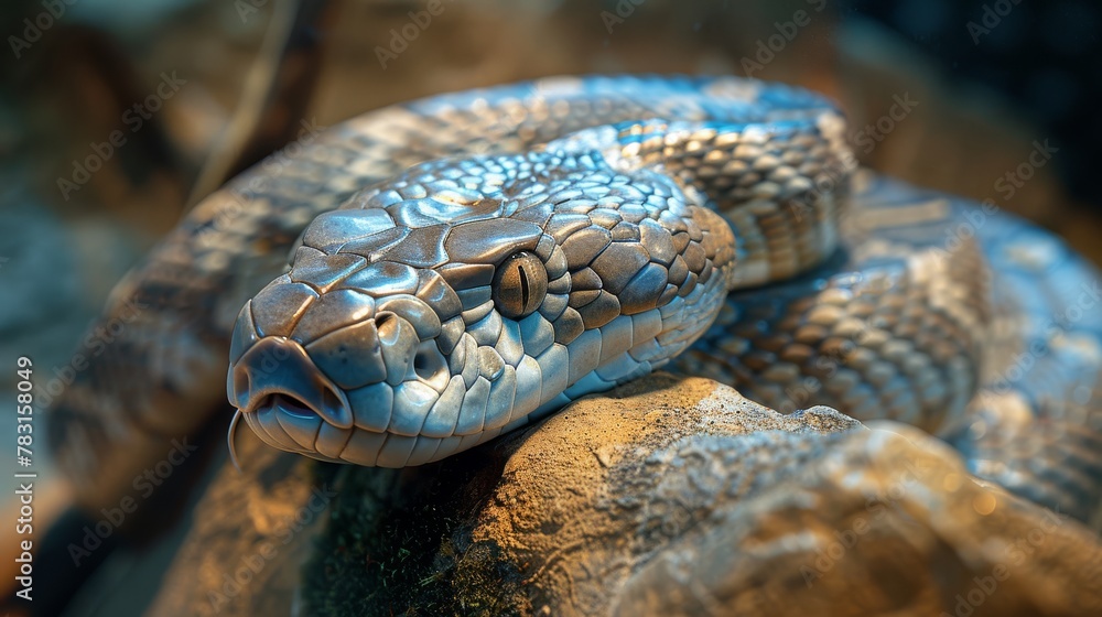Python coiled on a rock with detailed scales in a serene habitat
Python coiled on a rock with detailed scales in a serene habitat