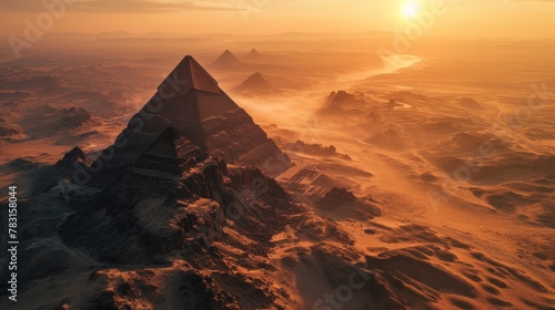Generative AI Pyramid silhouette, drone's vantage, fading sunlight, expansive desert, detailed and vivid sunset in Egypt photo