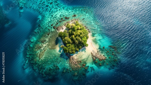 An aerial view captures a secluded island oasis surrounded by vibrant coral reefs