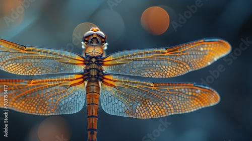 Close-up of a dragonfly with translucent wings against a bokeh light backdrop © Sippung